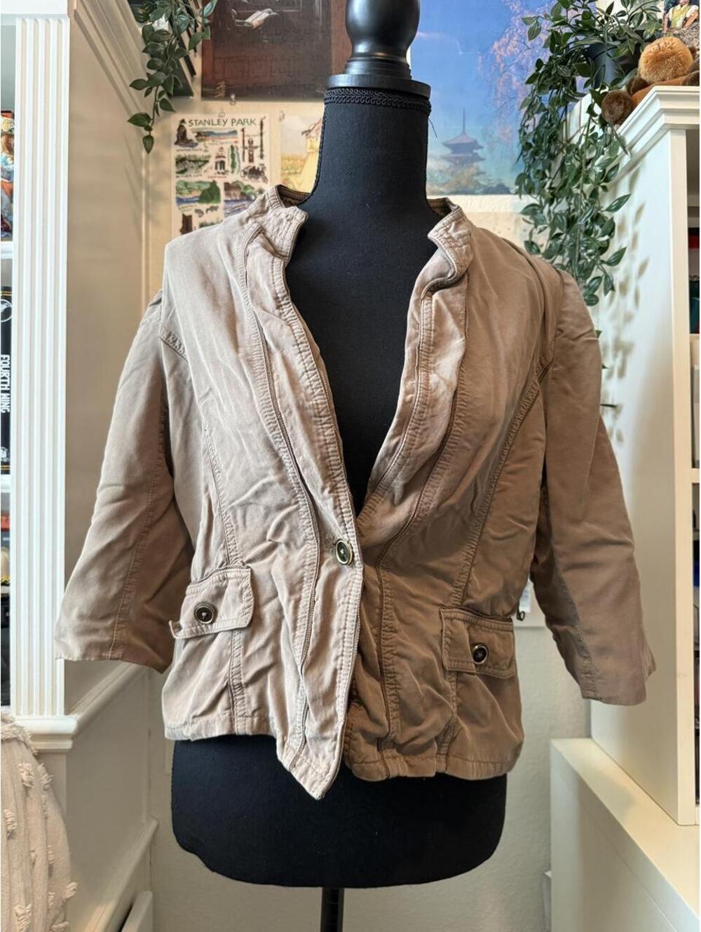 Taupe Draped Utility Jacket with Shoulder Pads Size 8P